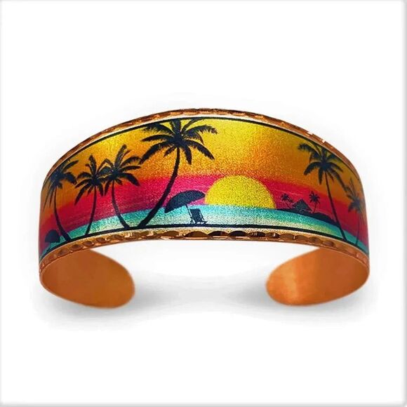 Handmade Boho Tropical Cuff Bracelet, Florida Tropical Palm Wide Cuff Bracelet, - Picture 2 of 9